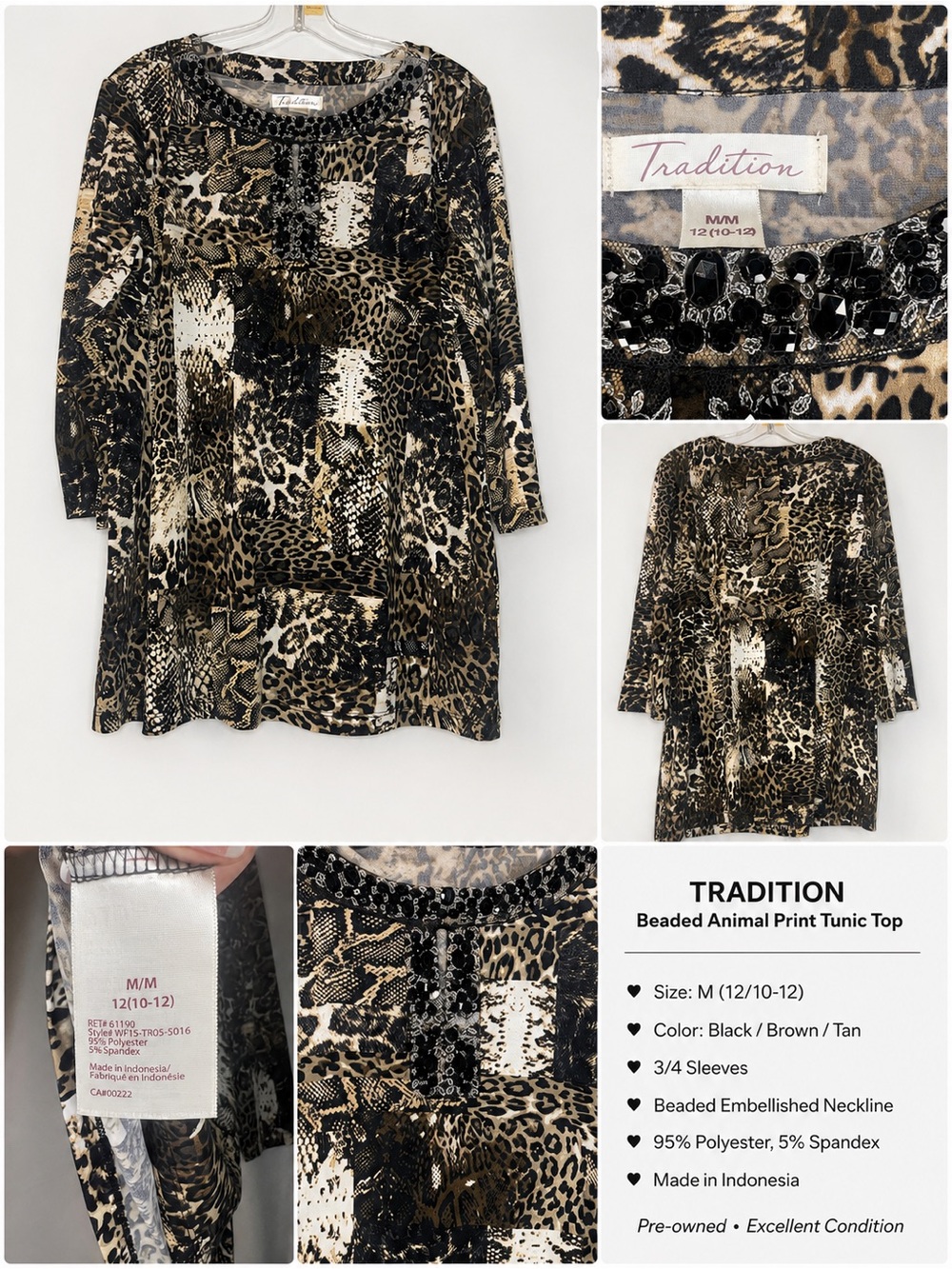 Tradition Beaded Animal Print Tunic Top - Black/Brown/Tan